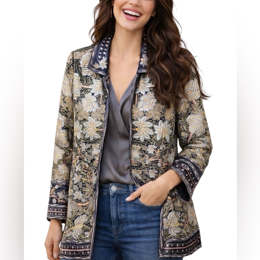 Johnny Was Biya Rose Lotus Embroidered Silk Jacket